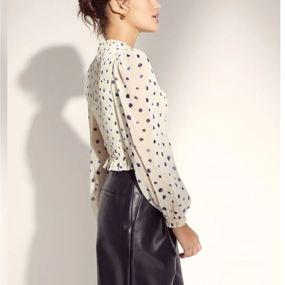 Aritzia Cream Blouson Sleeve Smocked Top with Navy Dot Print - Picture 2 of 10